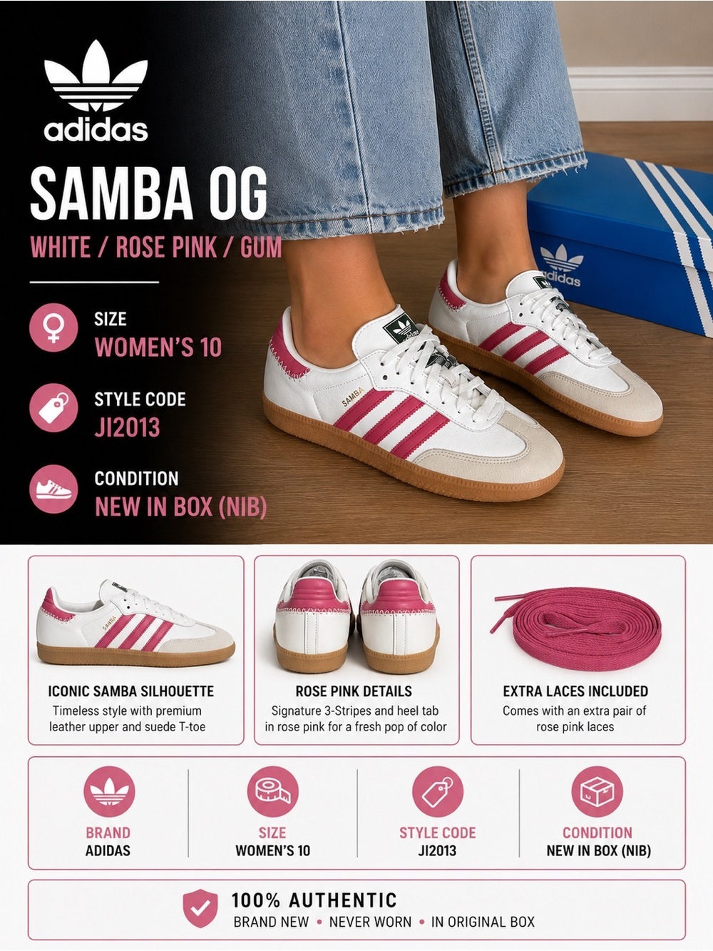 ADIDAS Samba OG White Rose Pink Gum JI2013 Women's Size 10  NIB Sneaker